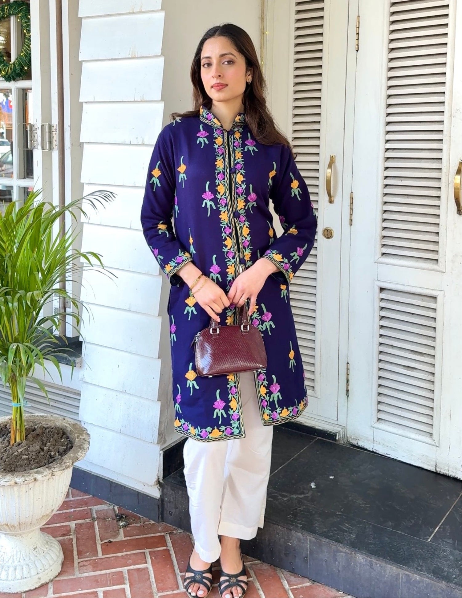Nayaab Kashmiri Aari Embroidered Long Winter Jacket – Blue | Festive Wear