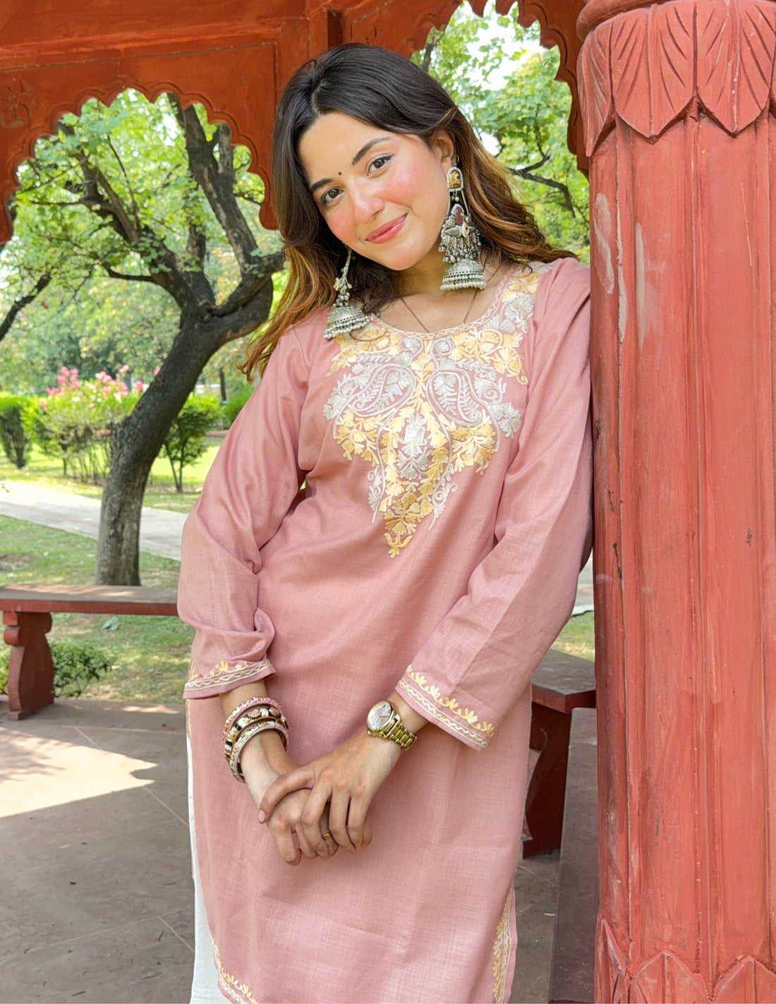 Nigeen Dusky Pink Kashmiri Aari Embroidered Cotton Kurti for Women