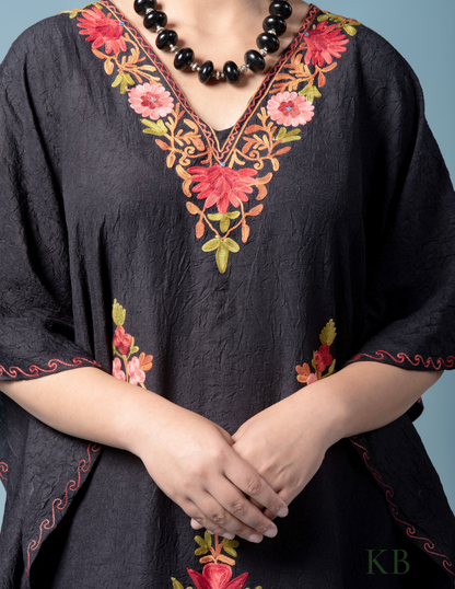 Black Floral Aari Embroidered Cotton Kaftan - Kashmir Box