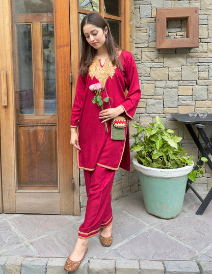 Kashmiri Golden Boti Tilla Embroidered Woollen Coordset – Maroon | Handcrafted Heritage