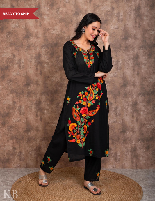 Classic Black Embroidered Cotton Suit - Kashmir Box
