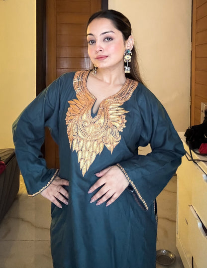 Kashmiri Golden Boti Tilla Embroidered Woollen Phiran – Grey | Handcrafted Heritage