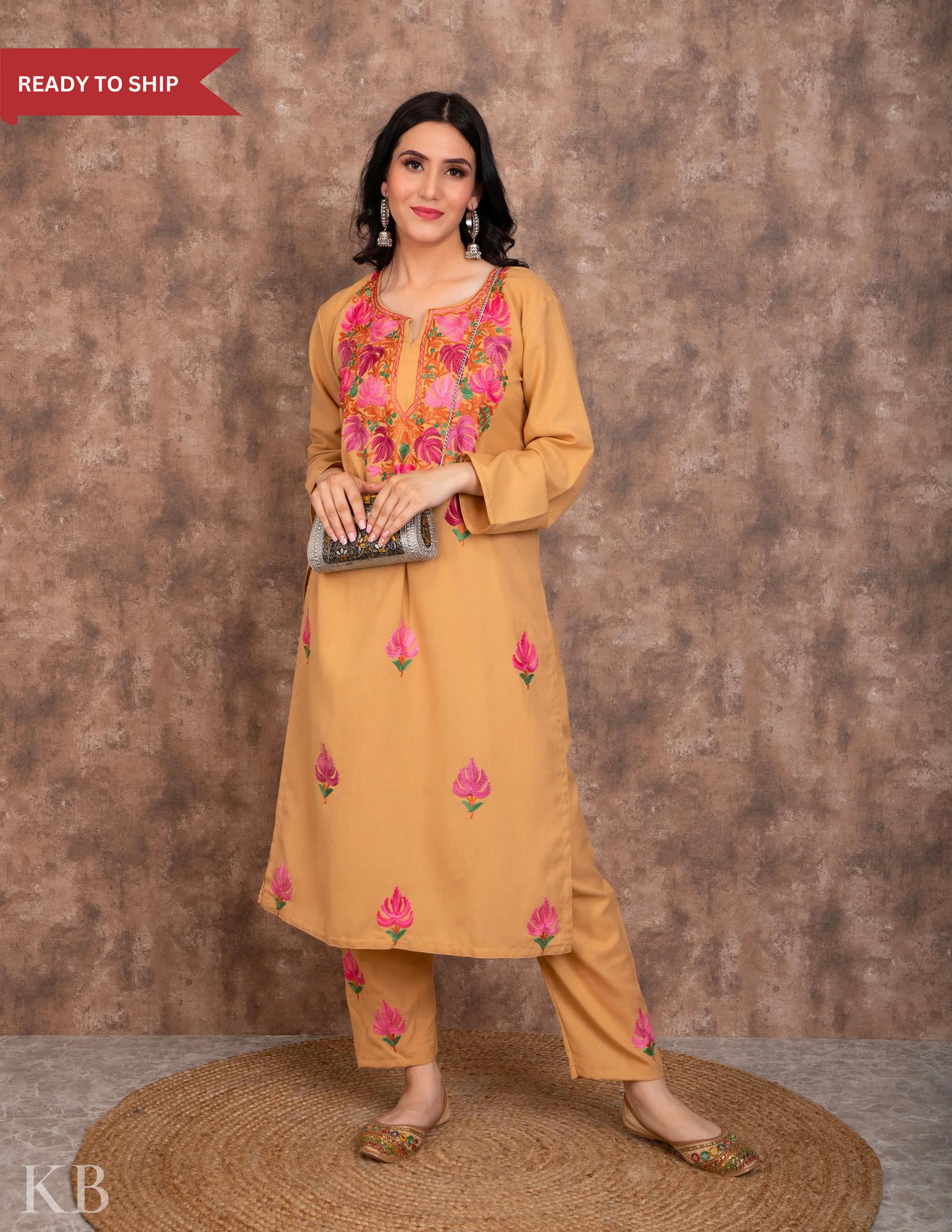 Neck Embroidered Fawn Summer Suit - Kashmir Box