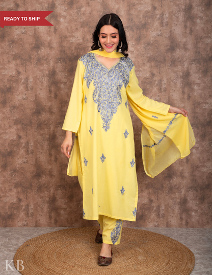 Lemon Aari embroidered Cotton Suit with Dupatta - Kashmir Box