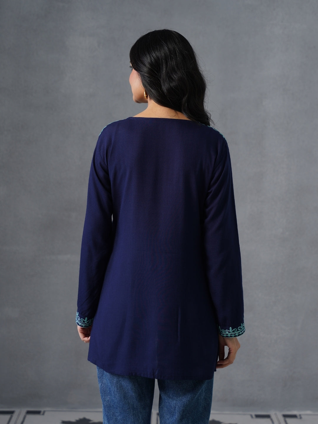 Women’s Navy Blue Kashmiri Aari Embroidered Short Kurti – Casual &amp; Office Wear