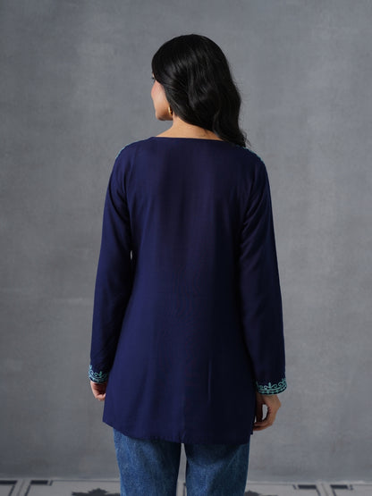 Women’s Navy Blue Kashmiri Aari Embroidered Short Kurti – Casual &amp; Office Wear