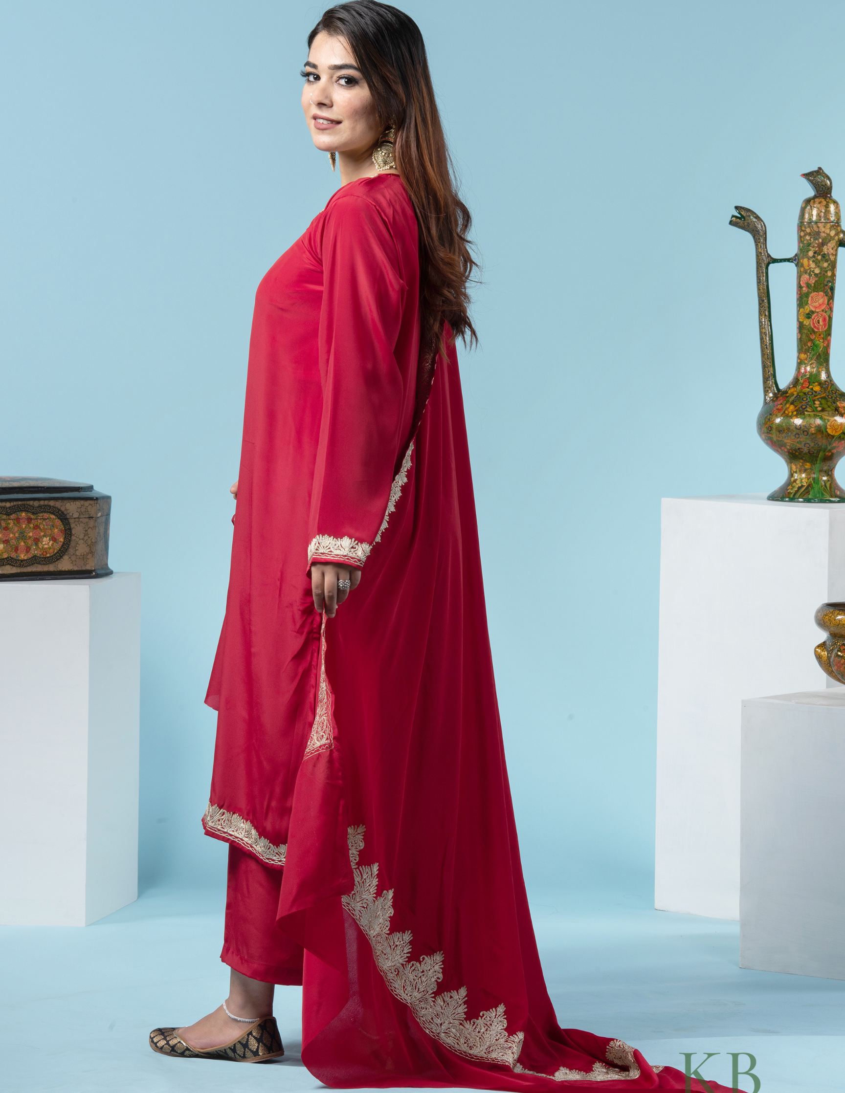 Fitoor Zari Embroidered Red Crepe Suit with 2.5 Meters Dupatta - Kashmir Box