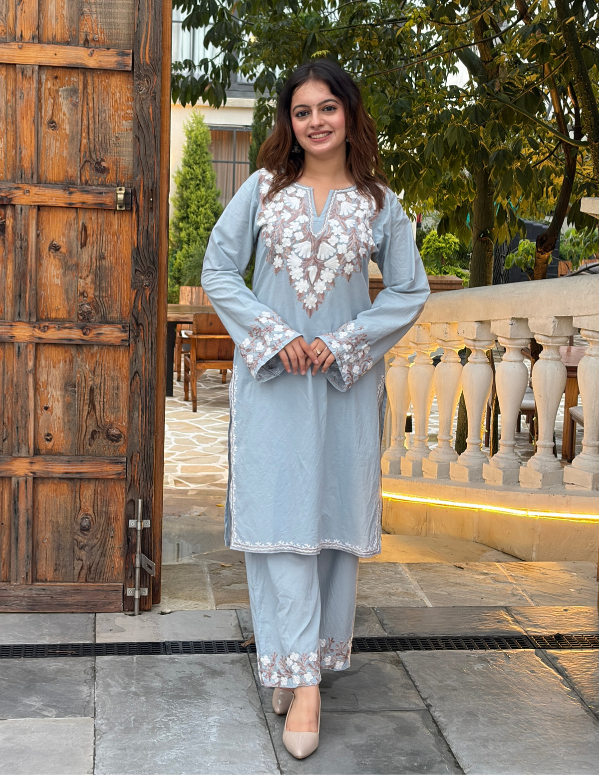 Light Blue Kashmiri Aari Embroidered Cambric Cotton Co-ord Set for Women | Office Ethnic Wear