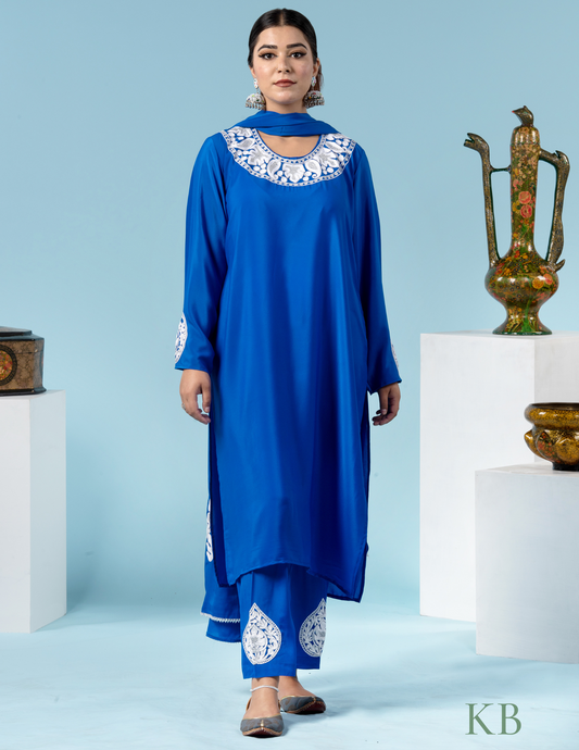 Zaraa Aari-Zari Embroidered Blue Crepe Suit with 2.5 Meters Dupatta - Kashmir Box