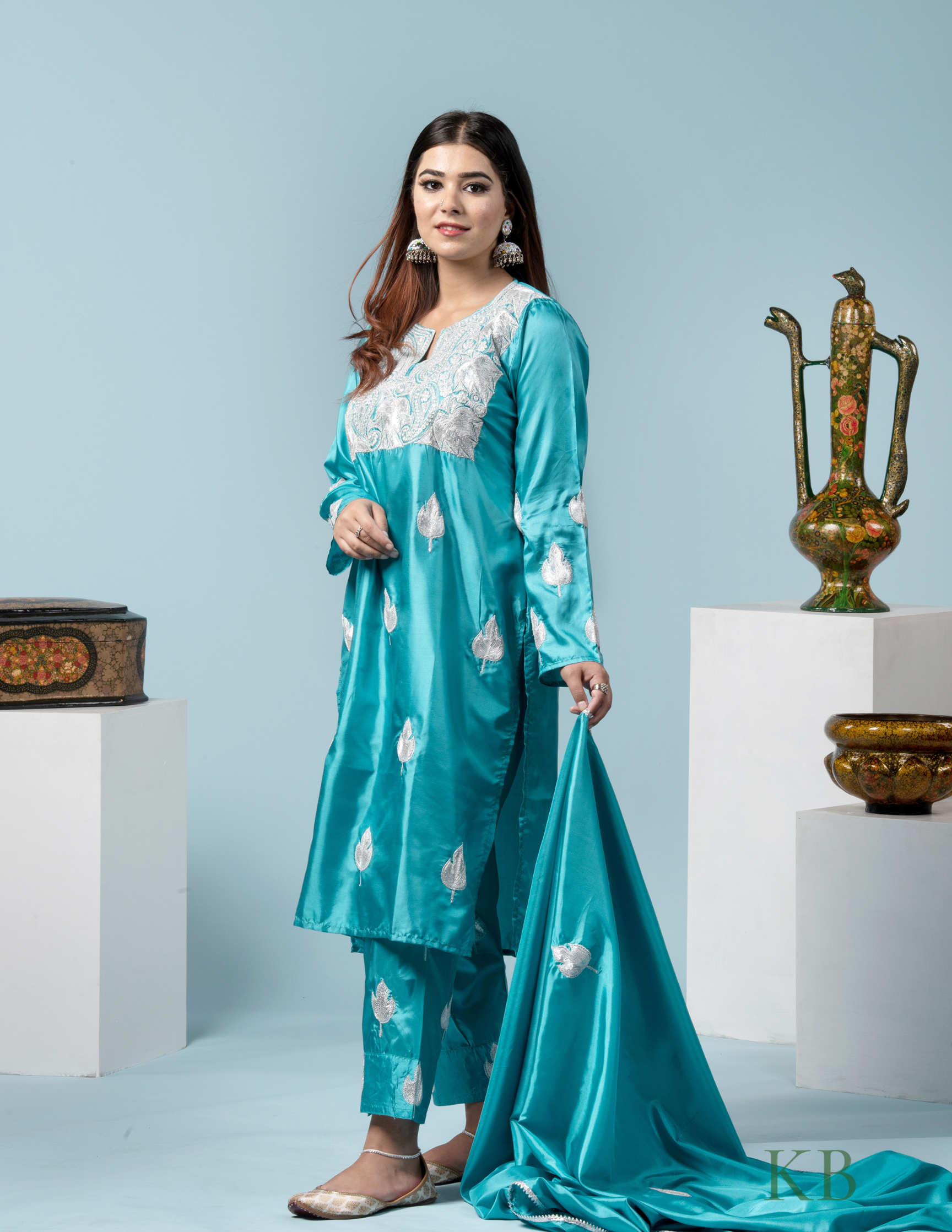 Inara Tilla Embroidered Sky Blue Silk Suit with 2.5 Meters Dupatta - Kashmir Box