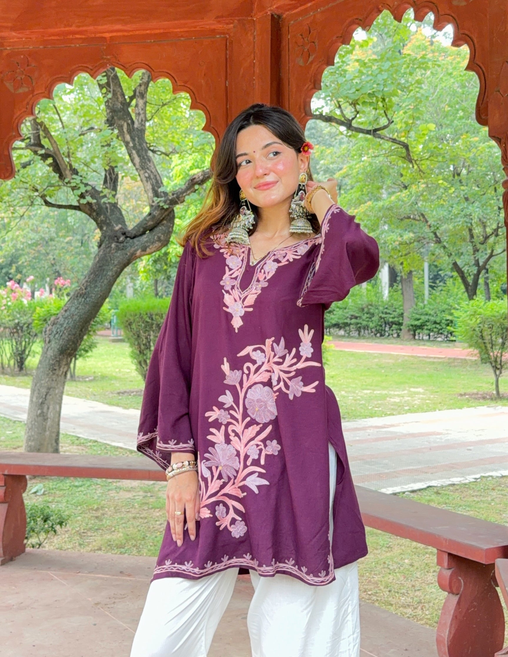 Wine Kashmiri Aari Embroidered Rayon Kurti for Women | Tonal Ethnic Wear