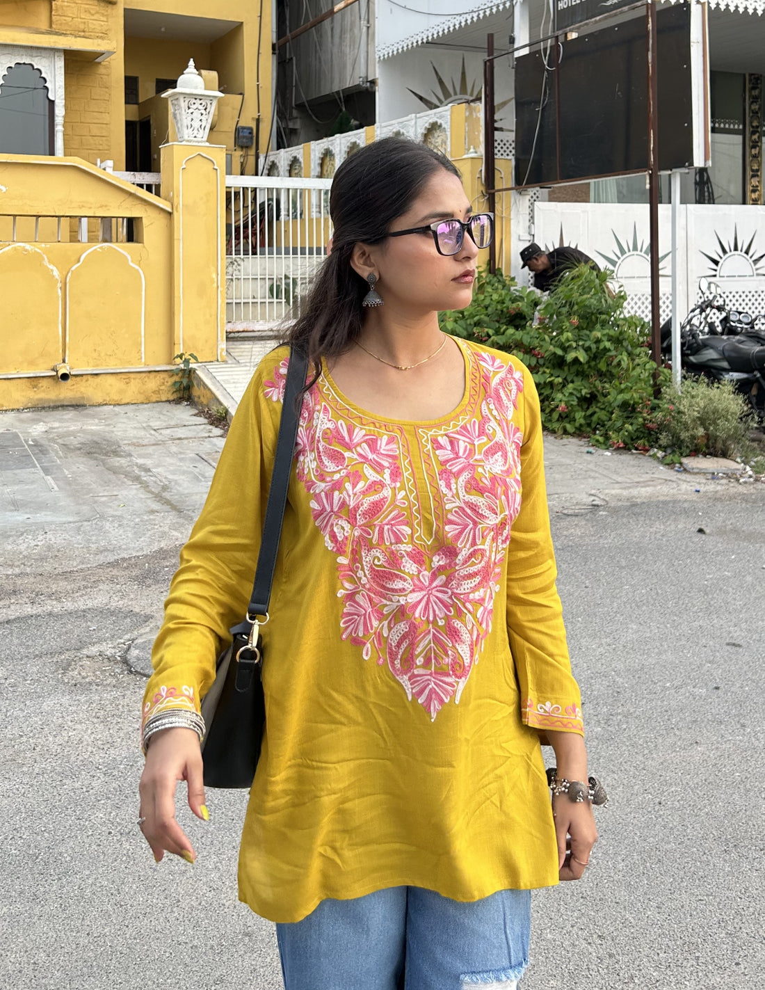 Mustard Yellow Aari Embroidered Viscose Rayon Kurta