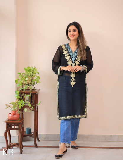 Black Lotus Vine Aari Embroidery Georgette Kurti - Kashmir Box