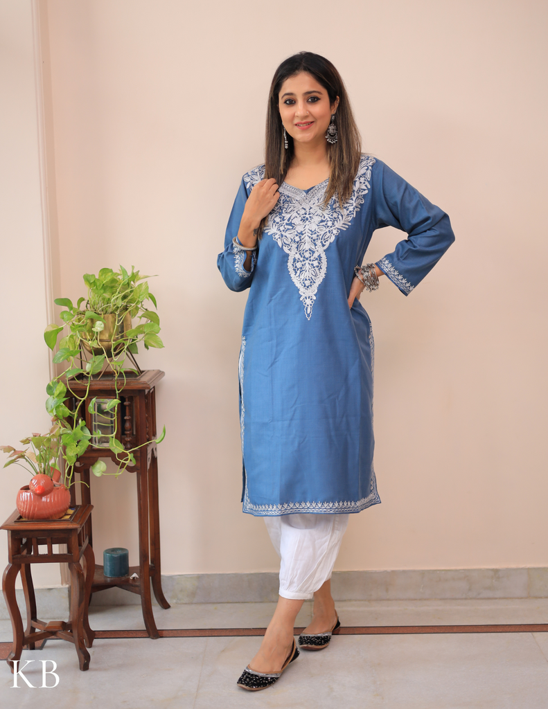 Light Blue Zari Embroidered Cotton Kurti - Kashmir Box