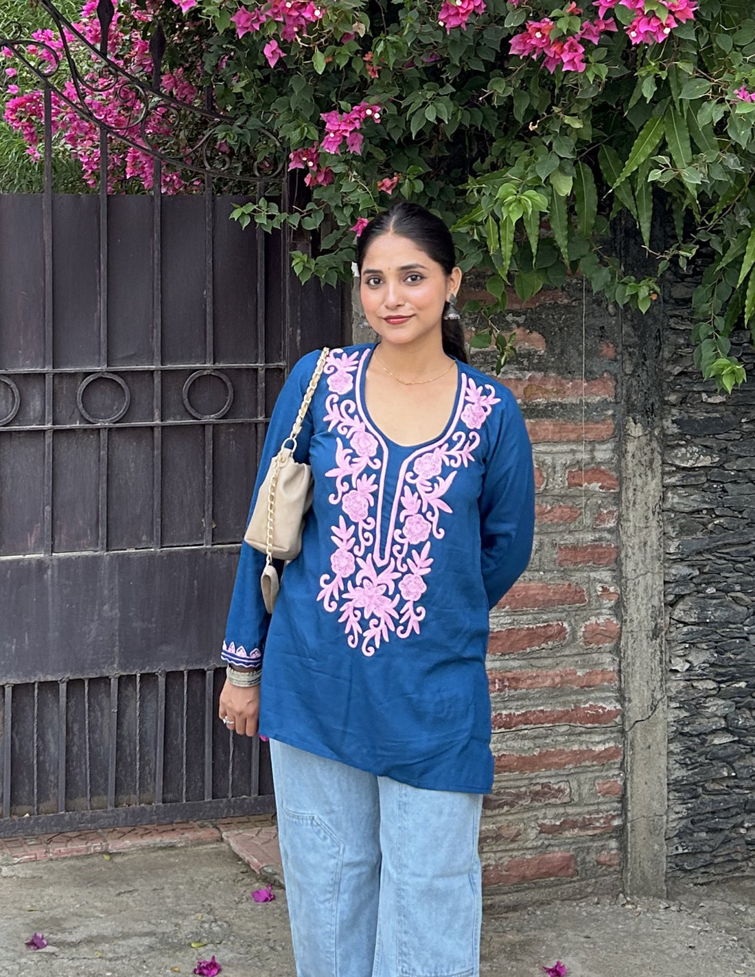 Classic Blue  Aari Embroidered Viscose Rayon Kurta