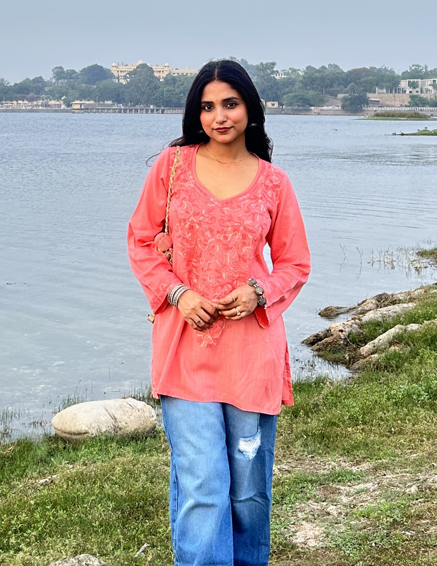 Women’s Pink Kashmiri Aari Embroidered Floral Short Kurti – Casual &amp; Office Wear