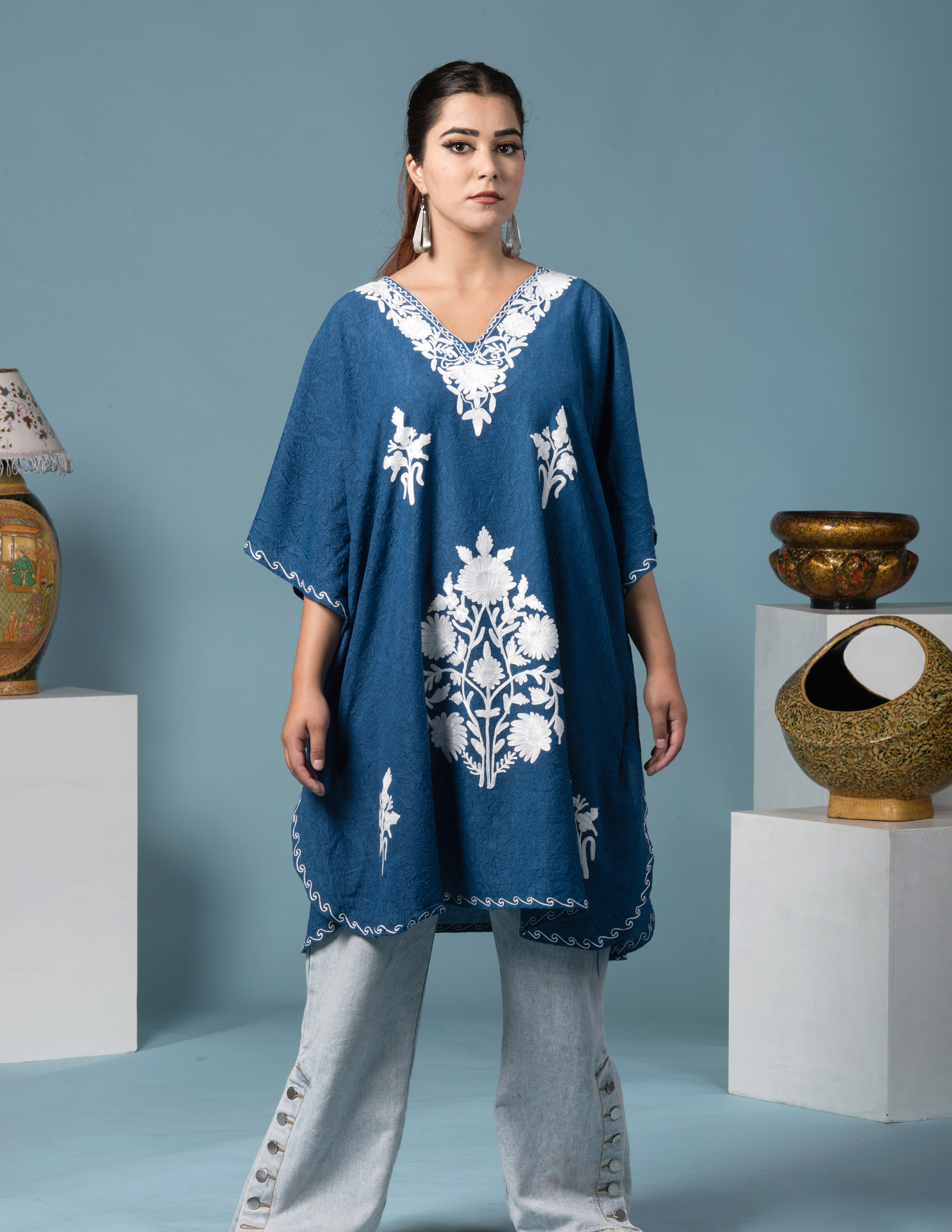 Classic Blue Aari Embroidered Short Kaftan - Kashmir Box