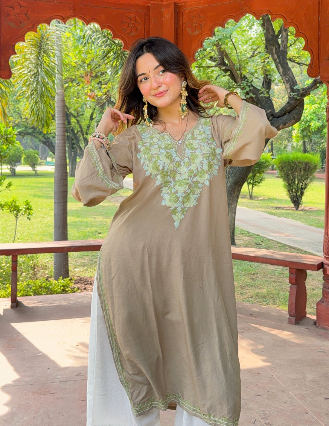 Mouse Grey Rayon Kurti – Green Aari Embroidery | Daily Wear Ethnic Kurti