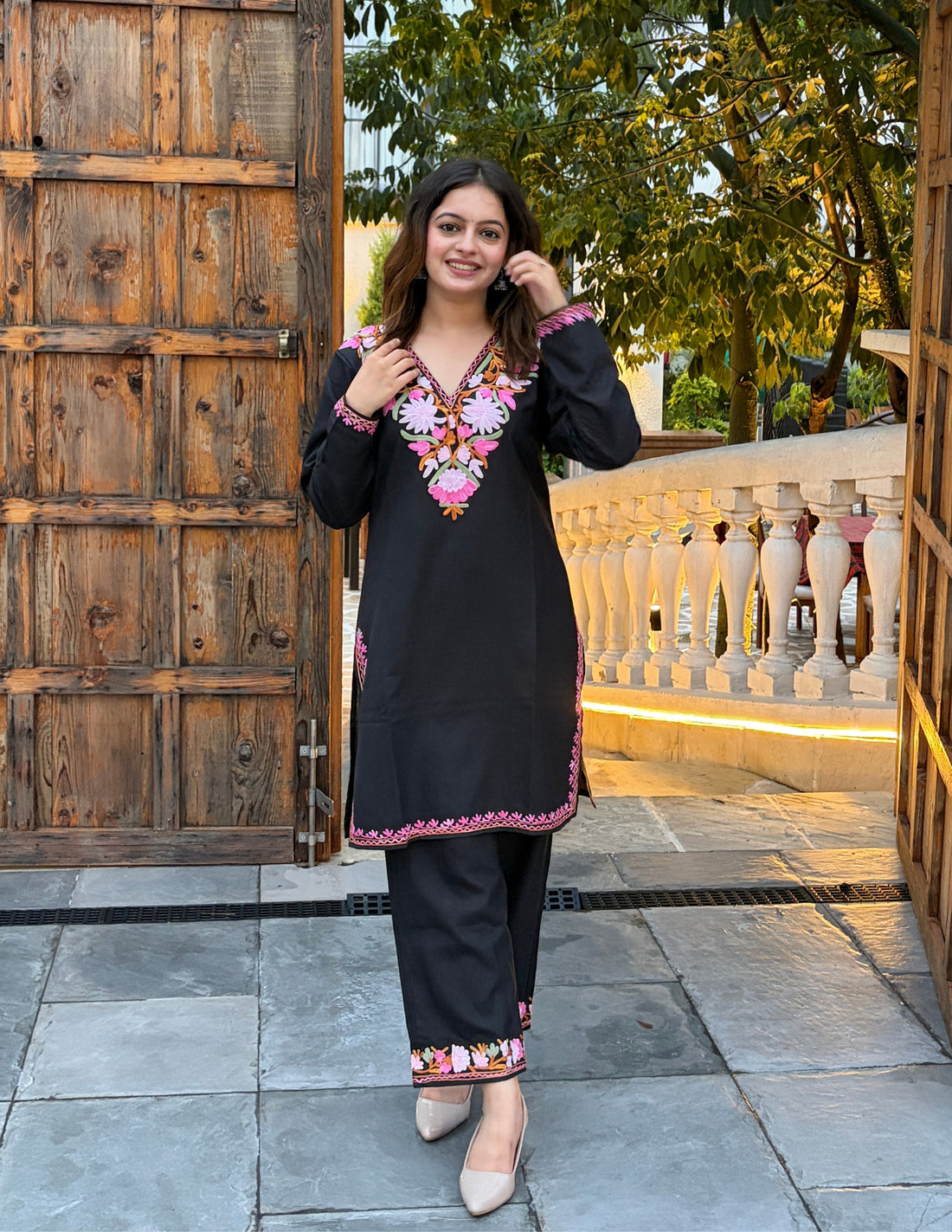 Nigeen Kashmiri Aari Embroidered Black Ruby Cotton Co-ord Set for Women