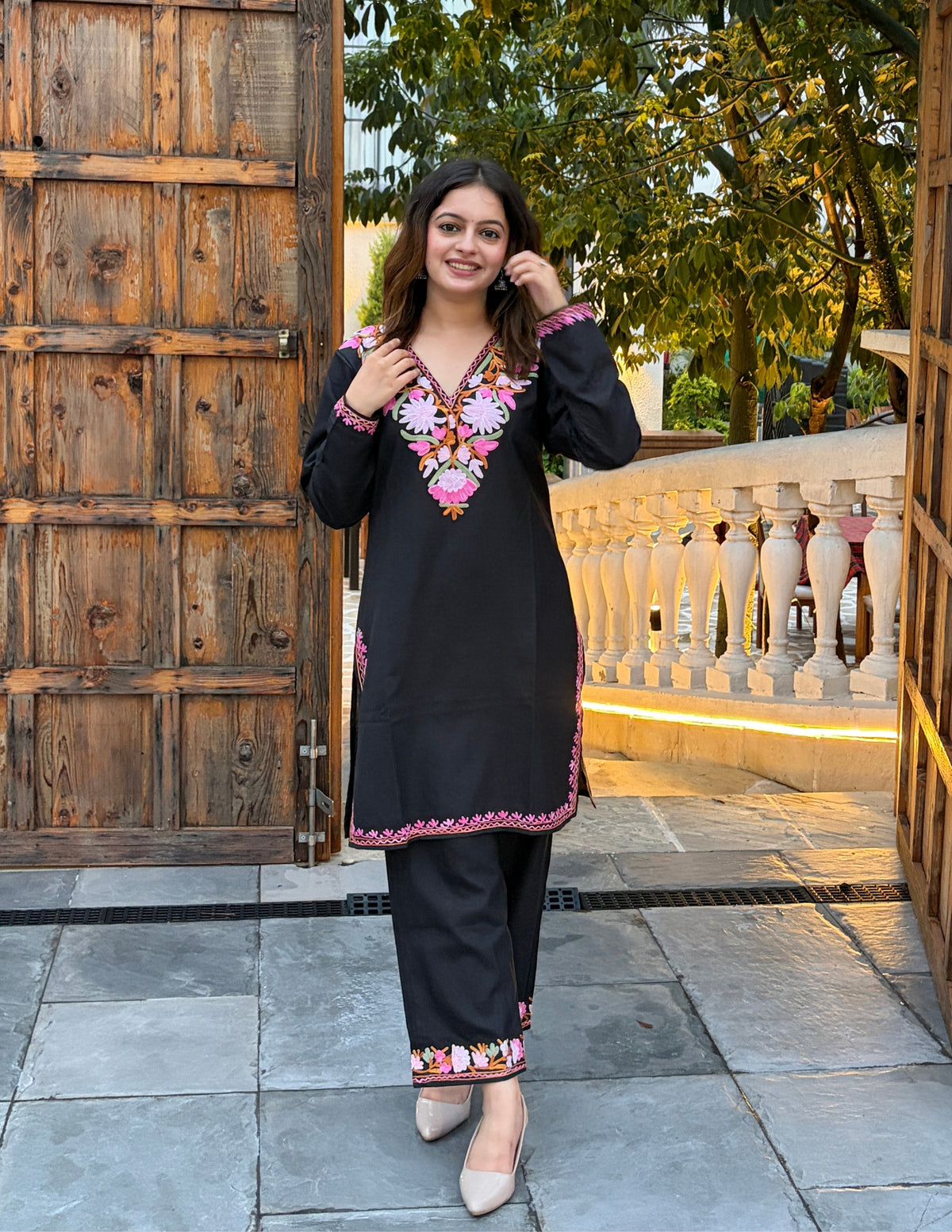 Nigeen Kashmiri Aari Embroidered Black Ruby Cotton Co-ord Set for Women - Kashmir Box