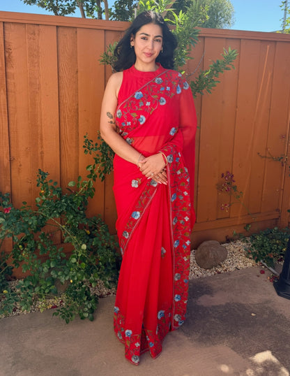 Kashmiri Aari Embroidered Georgette Saree – Red