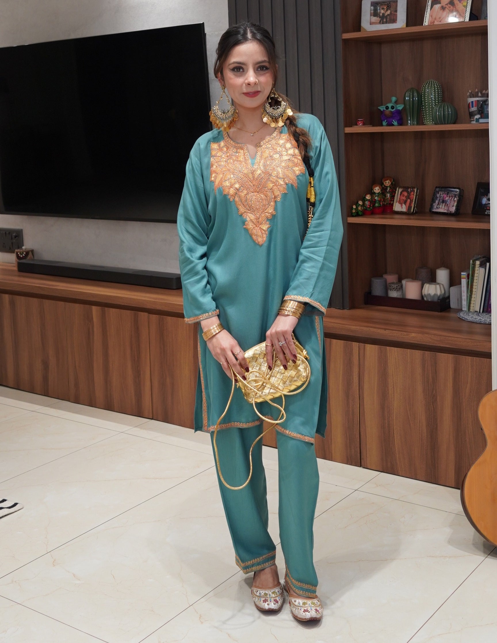 Kashmiri Golden Boti Tilla Embroidered Woollen Coordset – Sea Green | Handcrafted Heritage