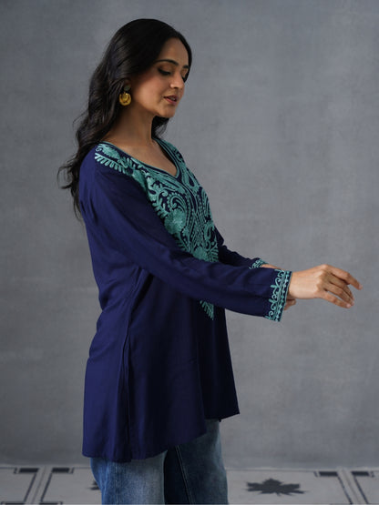 Women’s Navy Blue Kashmiri Aari Embroidered Short Kurti – Casual &amp; Office Wear