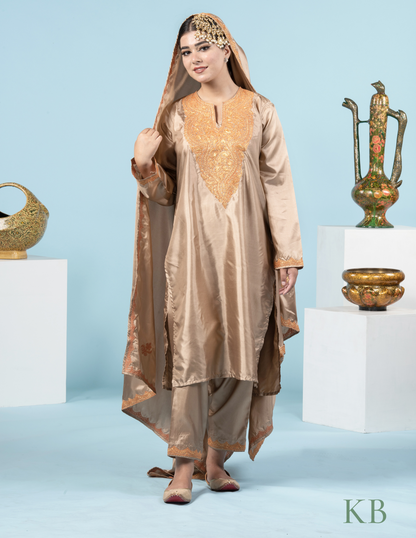 Zaaem Tilla Embroidered Golden Silk Suit with 2.5 Meters Dupatta - Kashmir Box