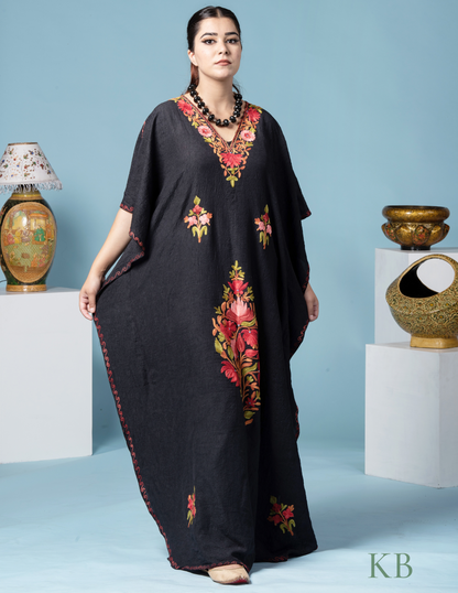 Black Floral Aari Embroidered Cotton Kaftan - Kashmir Box