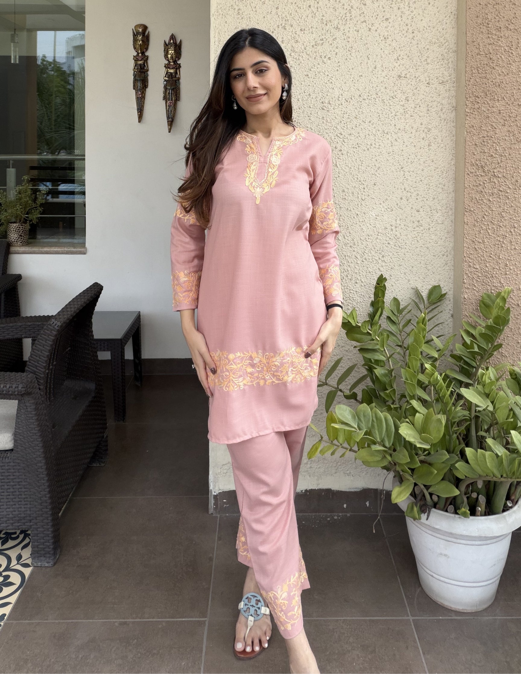 Dusky Pink Cotton Coordset – Green &amp; Golden Aari Embroidery | Office &amp; Casual Ethnic Wear - Kashmir Box
