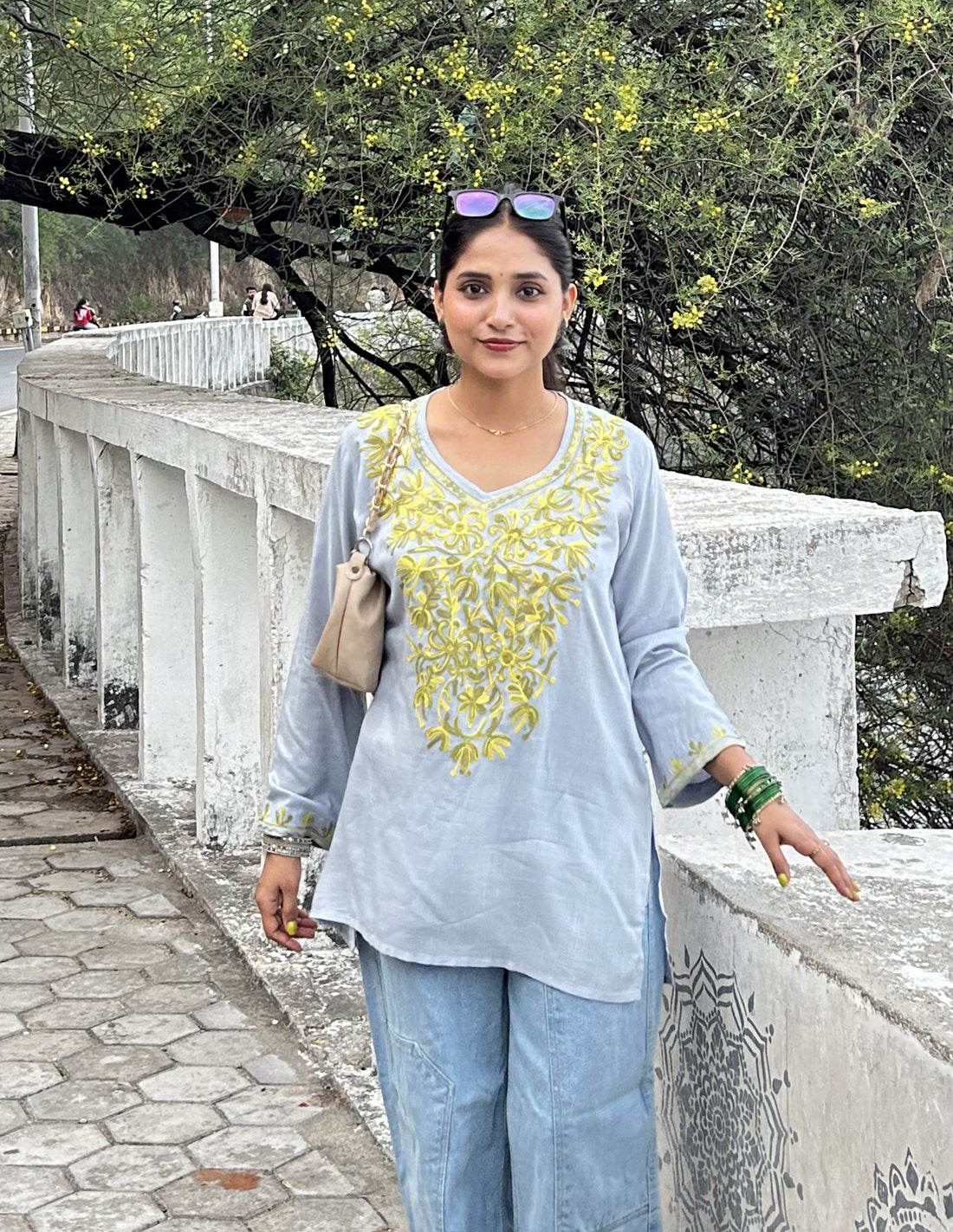 Light Blue Kashmiri Aari Embroidered  Rayon Kurta