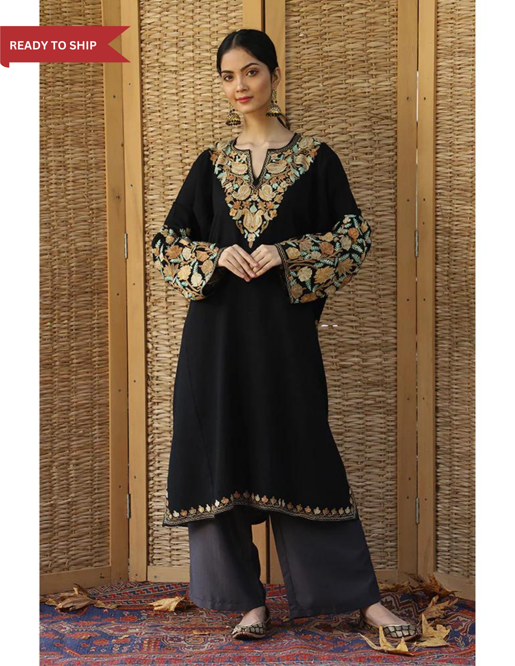 Black Aari Embroidered Woolen Phiran - Kashmir Box