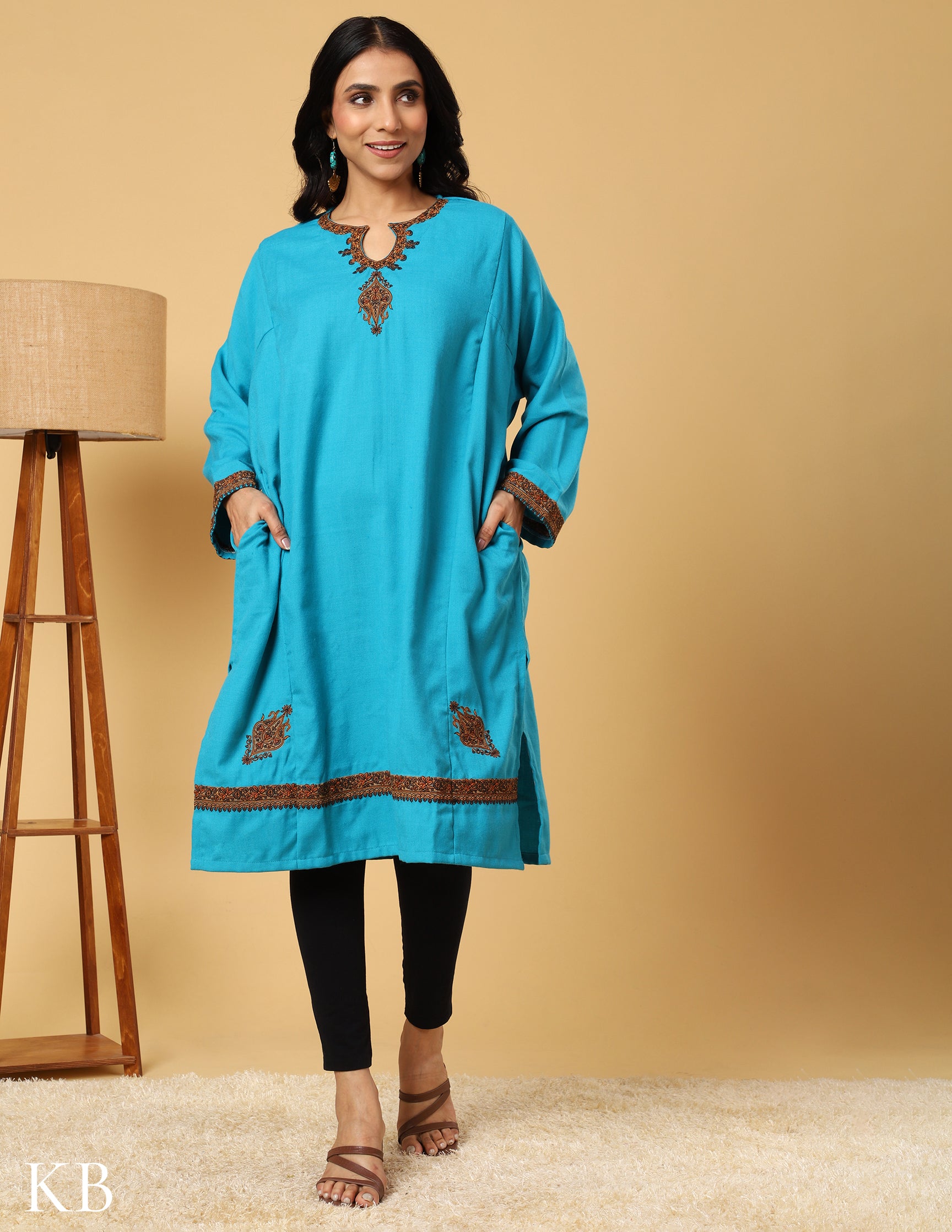 Turquoise Delight Sozni Acrylic Wool Embroidered Phiran - Kashmir Box
