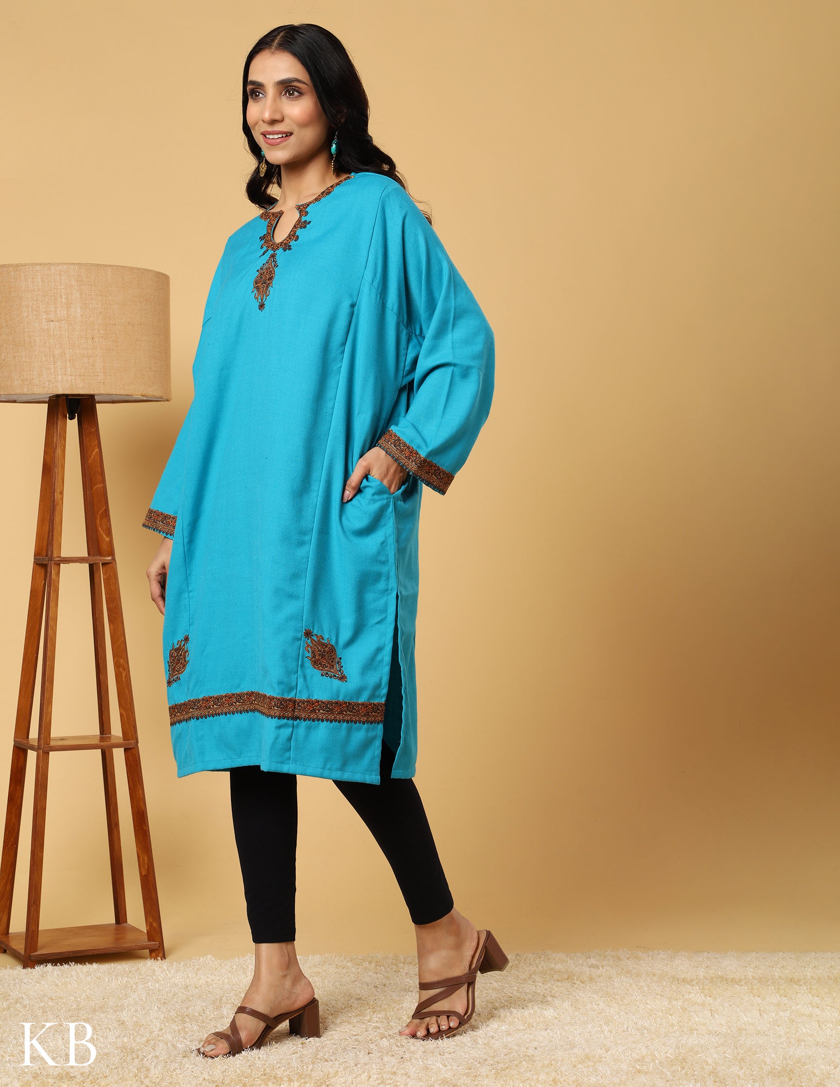 Turquoise Delight Sozni Acrylic Wool Embroidered Phiran - Kashmir Box
