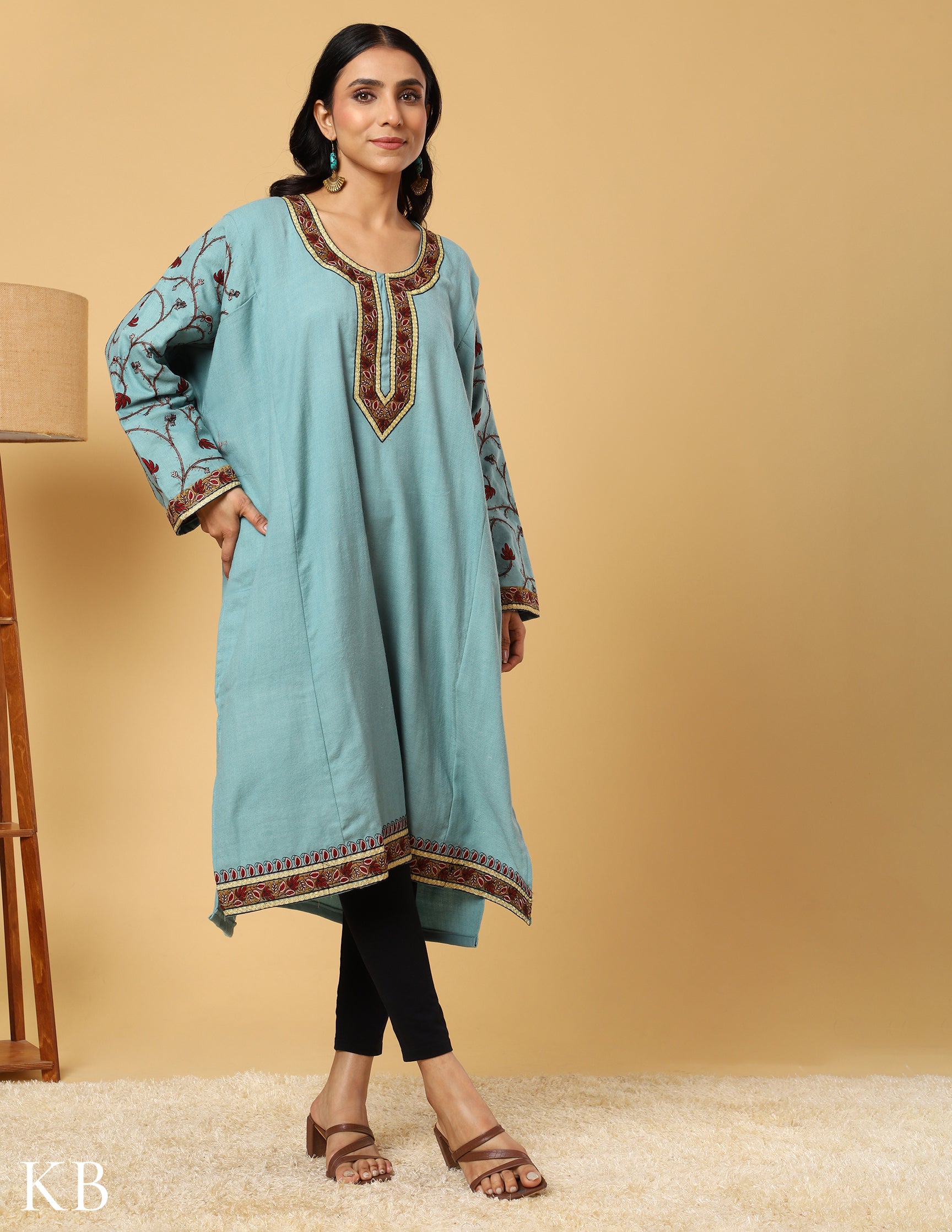 Sky Blue Zari Sozni Embroidered Pure wool  Phiran - Kashmir Box