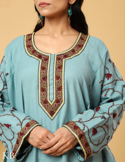 Sky Blue Zari Sozni Embroidered Pure wool  Phiran - Kashmir Box