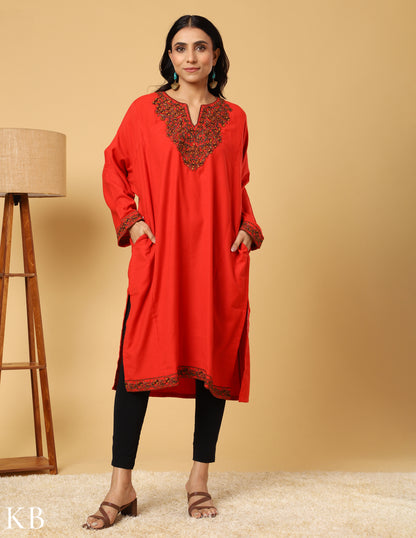 Ruby Red Sozni Embroidered Acrylic Wool Phiran - Kashmir Box