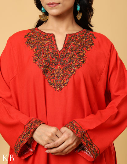 Ruby Red Sozni Embroidered Acrylic Wool Phiran - Kashmir Box