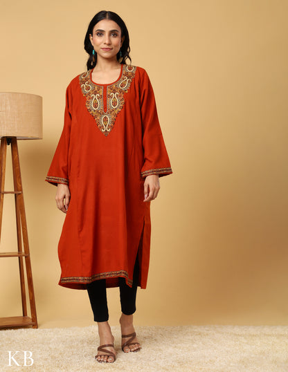 Rustic Zari & Sozni  Embroidered Pure Wool Phiran - Kashmir Box