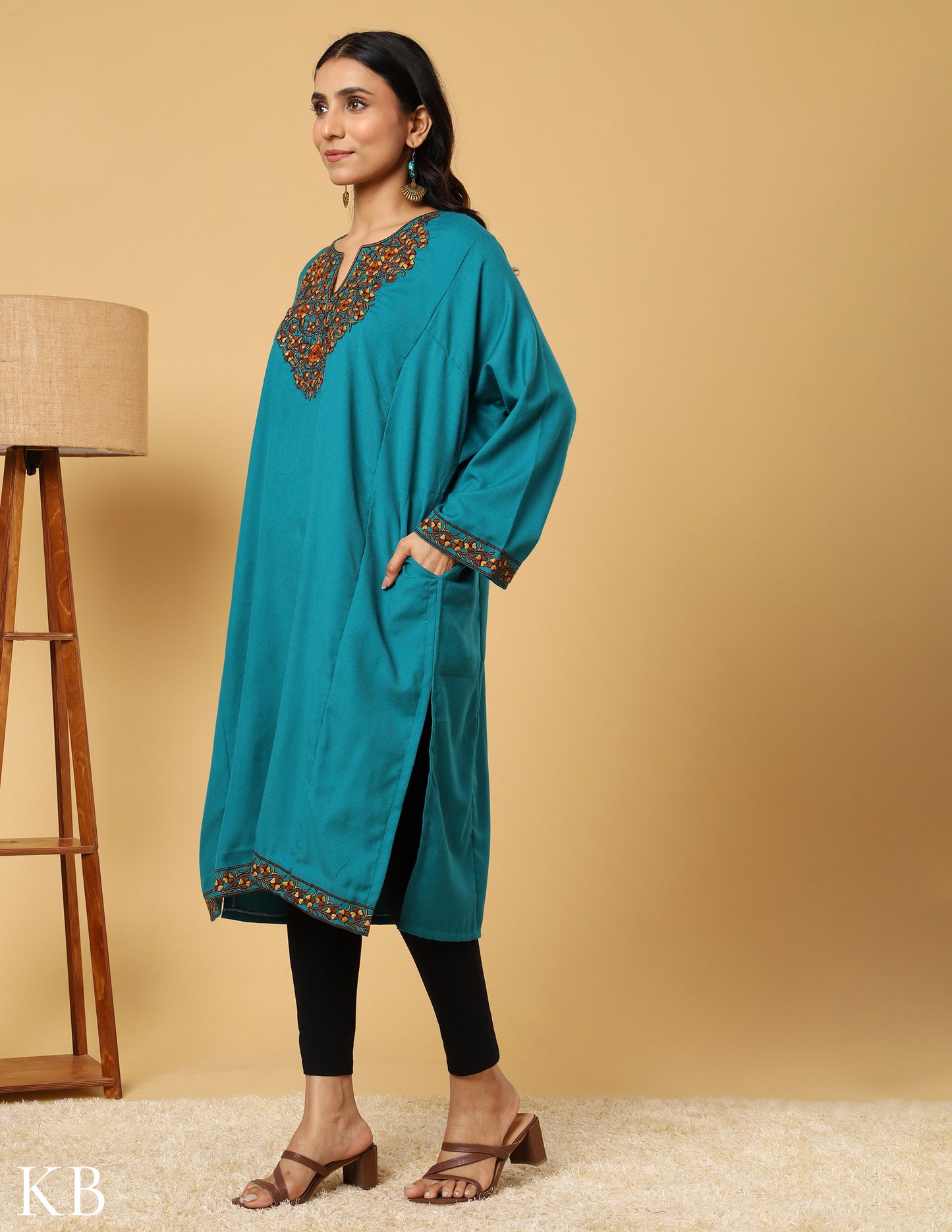 Turquoise Tranquility Sozni Embroidered Acrylic Wool Phiran - Kashmir Box