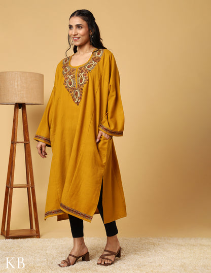 Mustard Marvel sozni Zari Embroidered Pure Wool  Phiran - Kashmir Box