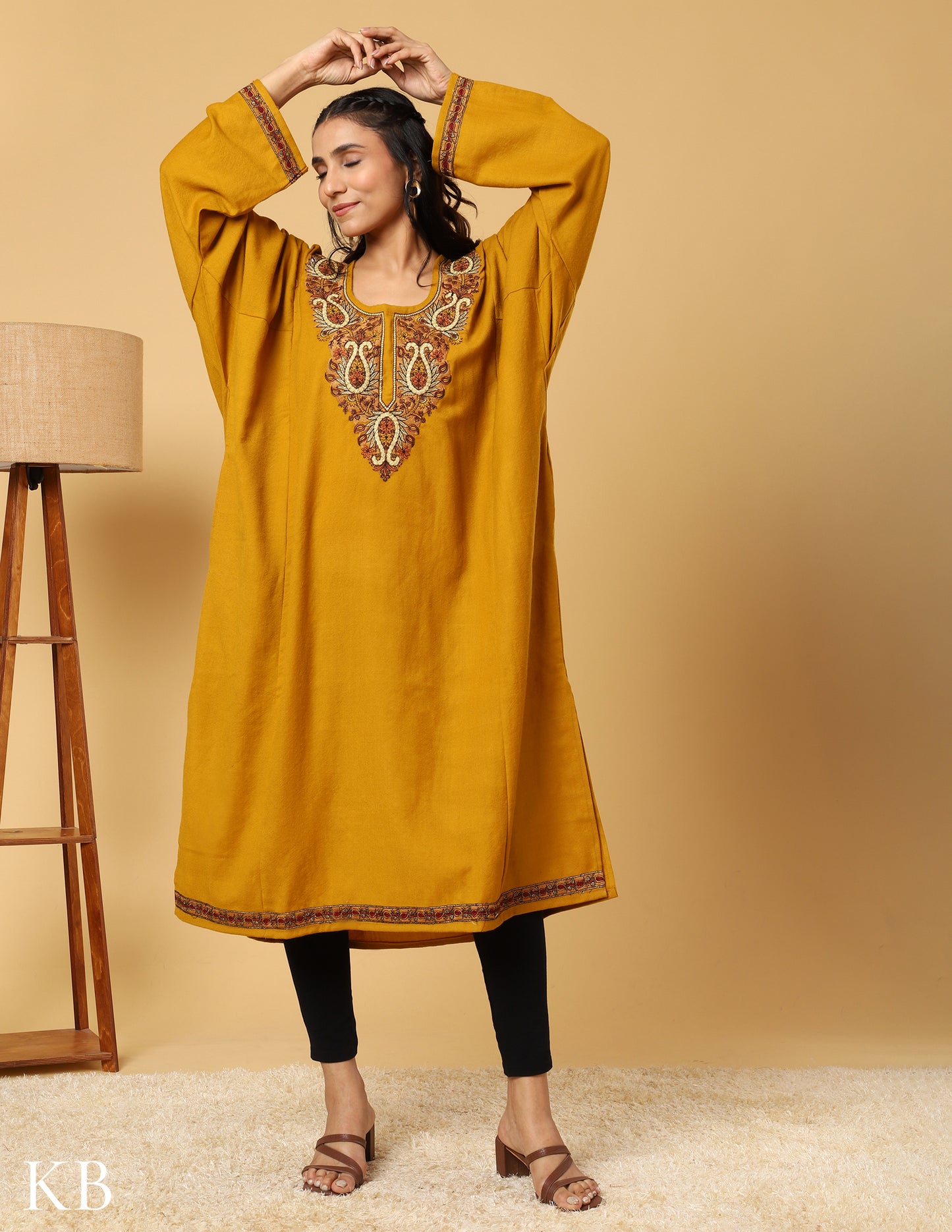 Mustard Marvel sozni Zari Embroidered Pure Wool  Phiran - Kashmir Box