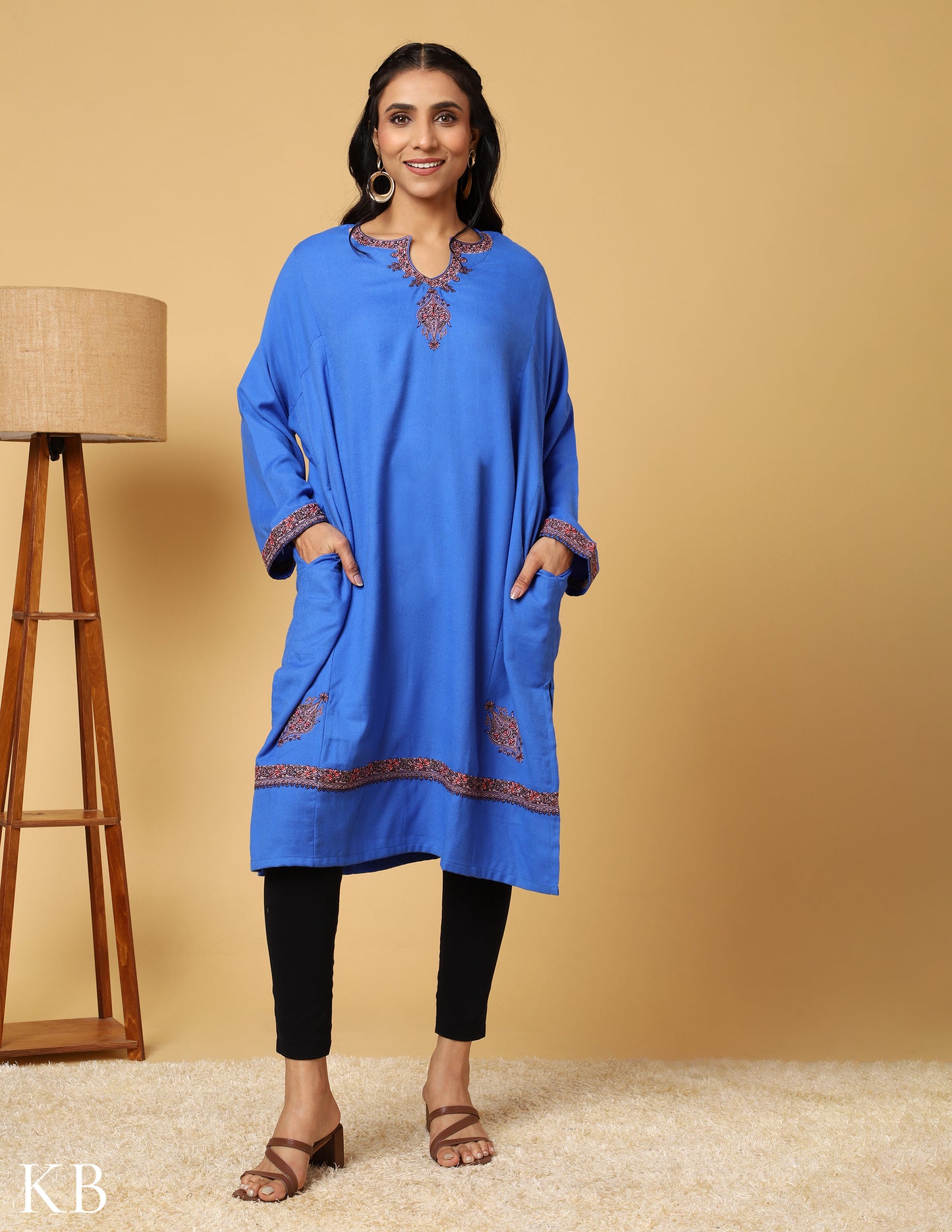 Heavenly Blue Sozni Embroidered Acrylic Wool Phiran - Kashmir Box