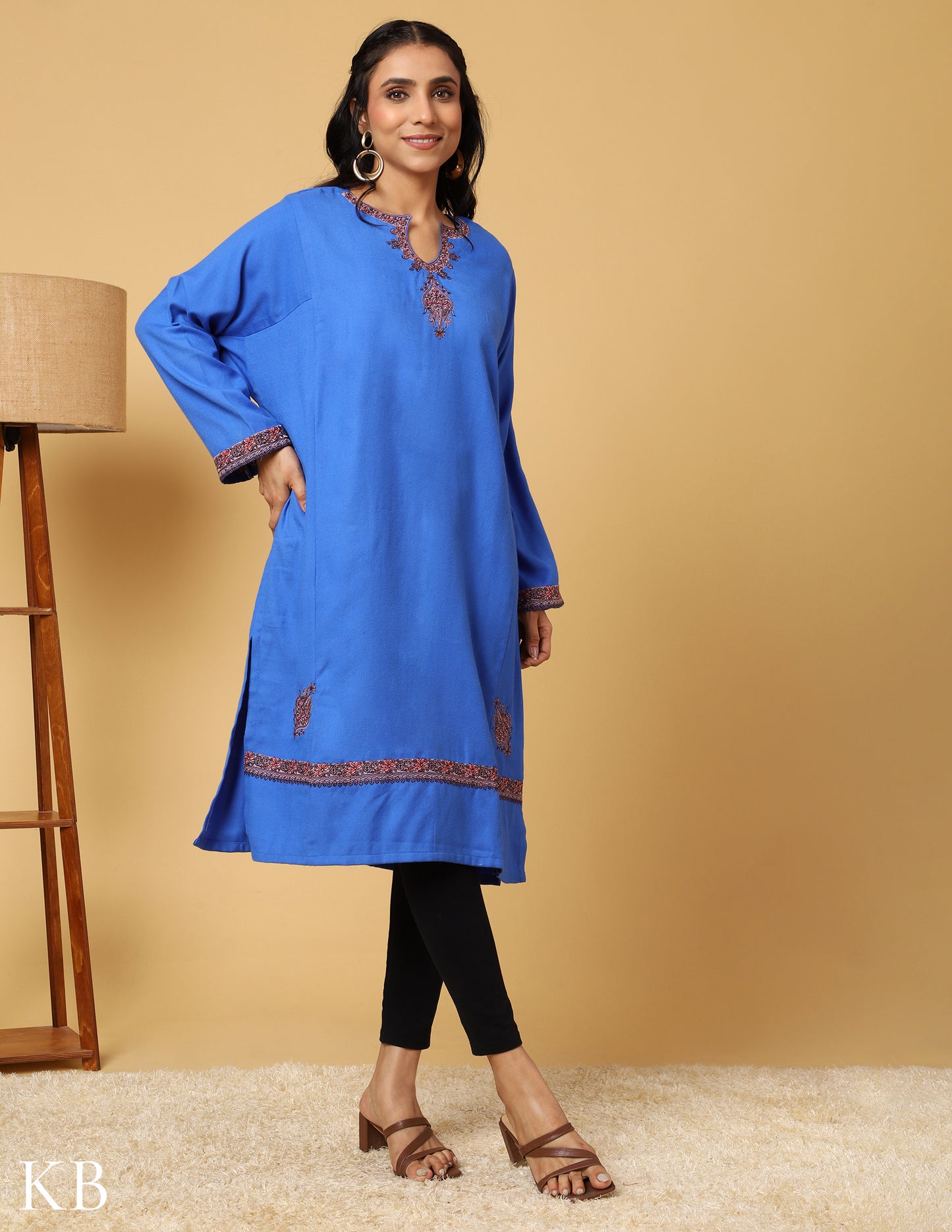 Heavenly Blue Sozni Embroidered Acrylic Wool Phiran - Kashmir Box