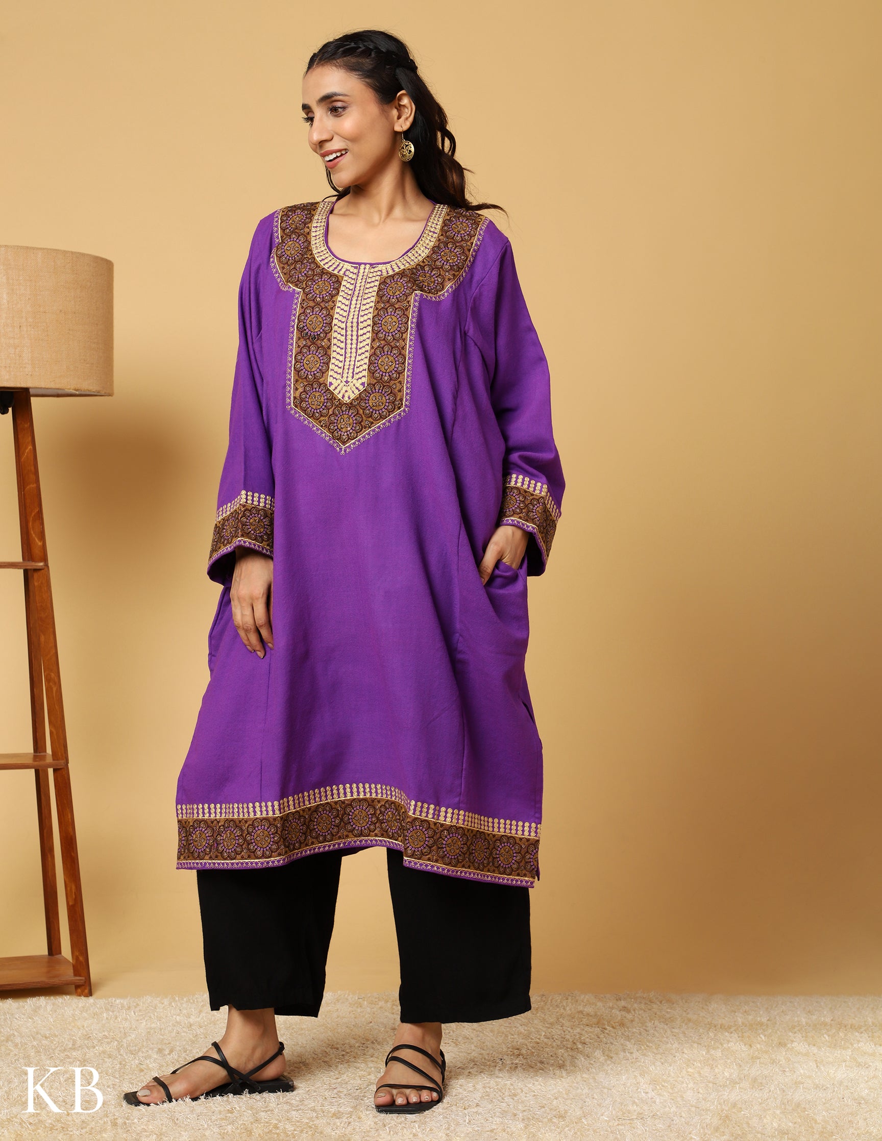 Purple Majestic Zari Sozni Embroidered Pure wool Phiran - Kashmir Box
