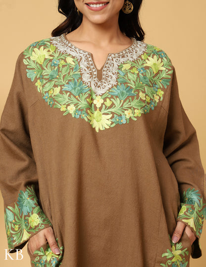 Earthy Elegant Zari Aari Embroidered Pure Wool Phiran - Kashmir Box