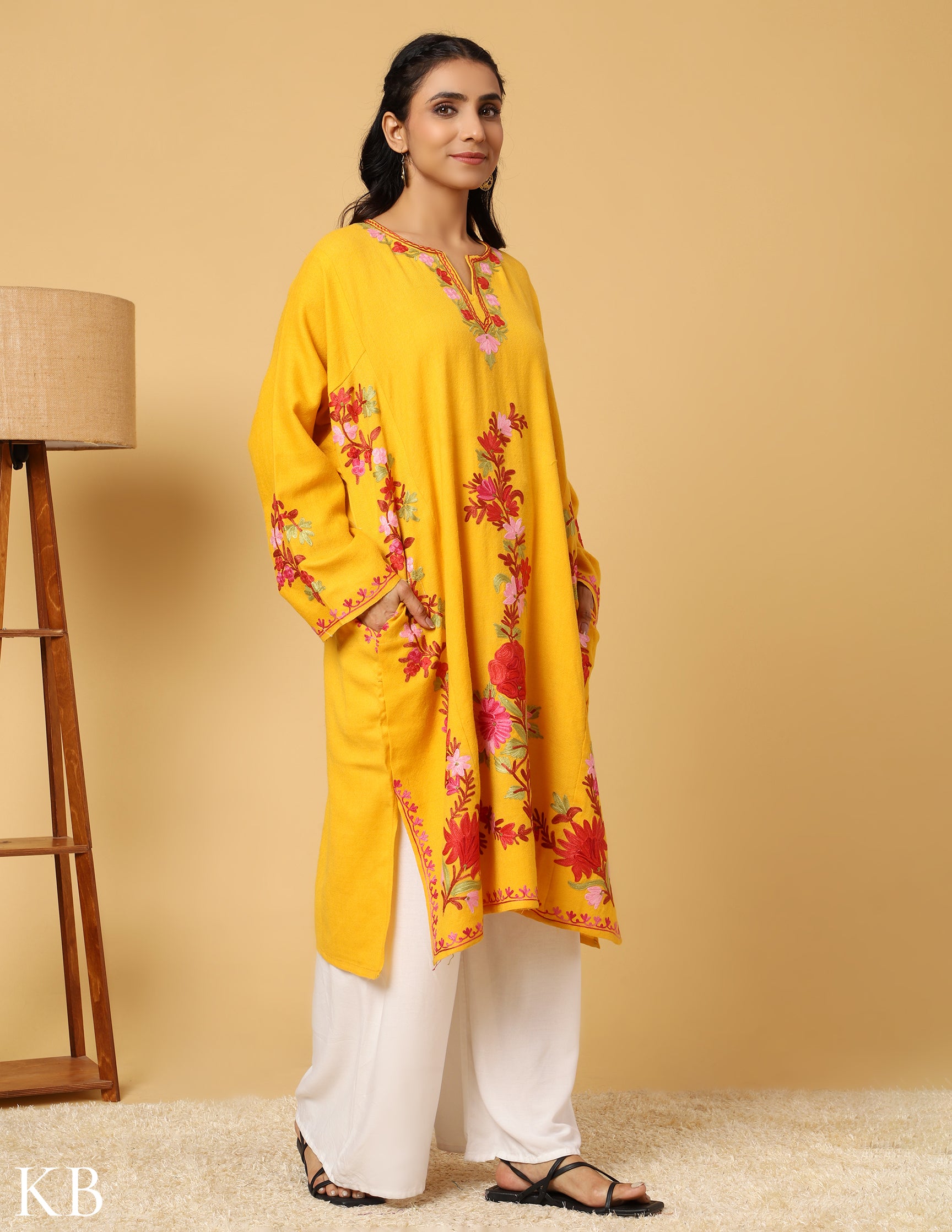 Daffodil Yellow Aari Embroidered Pure wool Phiran - Kashmir Box