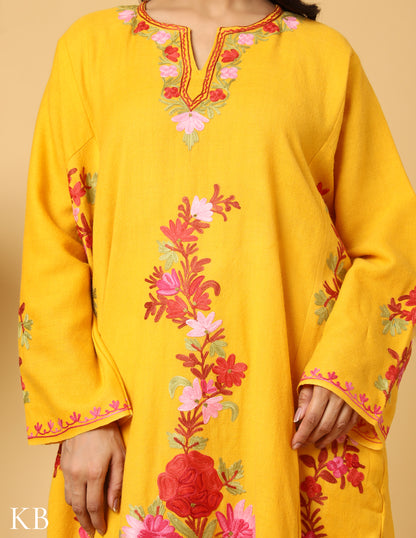 Daffodil Yellow Aari Embroidered Pure wool Phiran - Kashmir Box