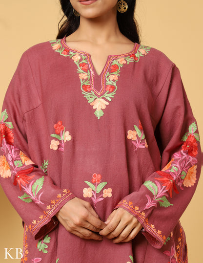 Peony Pink Aari Embroidered Pure Wool Phiran - Kashmir Box