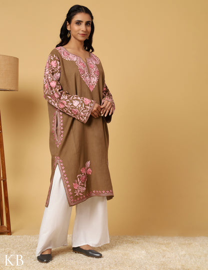 Beige Bliss Aari Embroidered Pure Wool Phiran - Kashmir Box
